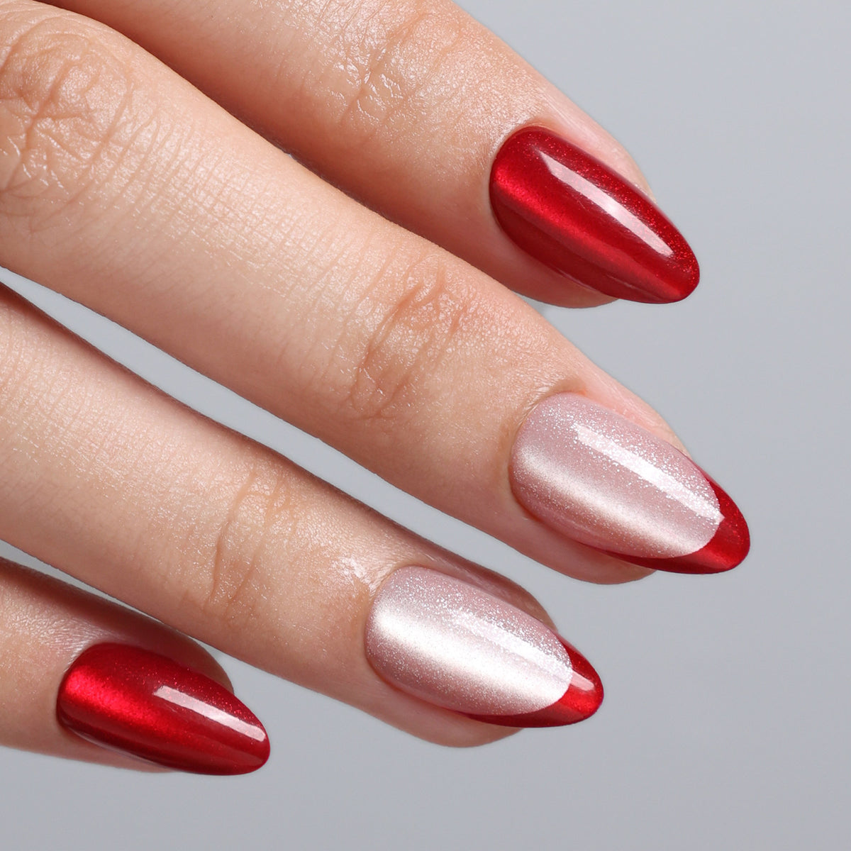 Rouge Pink Red Cat Eye French Short Almond close-up hand view | SHANGMENG