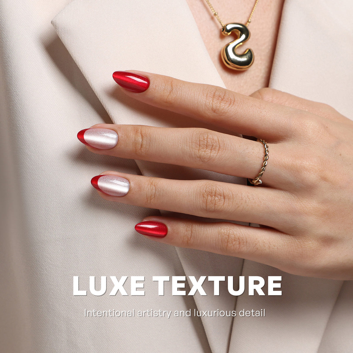 Rouge Pink Red Cat Eye French Short Almond styled product view | SHANGMENG