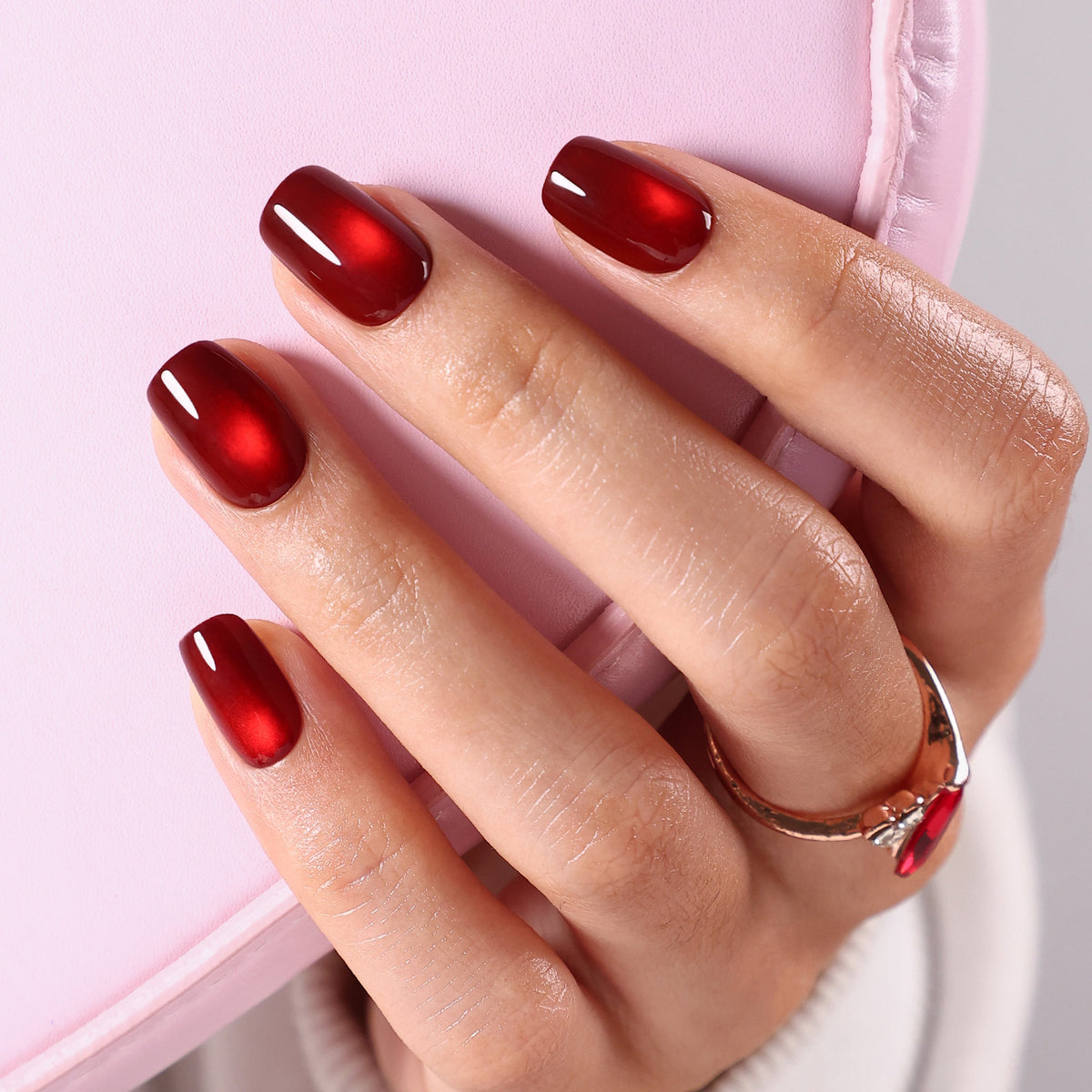 Ruby Halo Wine Cat Eye — Short Square angled hand view of the ruby halo cat-eye wine short square manicure | SHANGMENG®