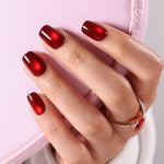 Ruby Halo Wine Cat Eye — Short Square angled hand view of the ruby halo cat-eye wine short square manicure | SHANGMENG®