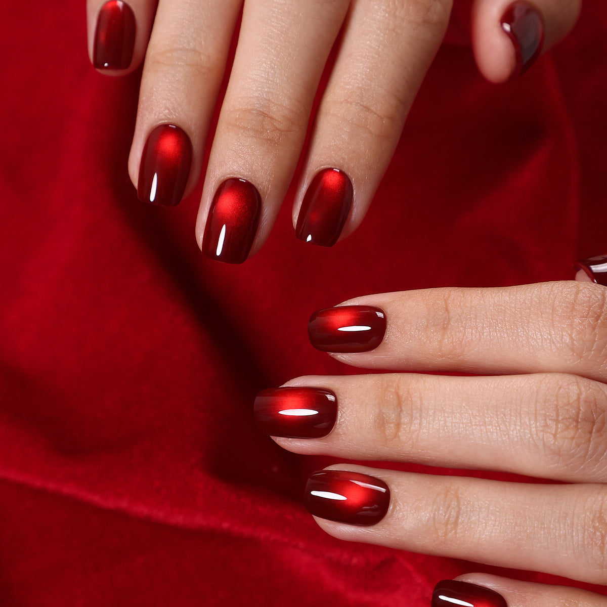 Ruby Halo Wine Cat Eye — Short Square on hand view | SHANGMENG®