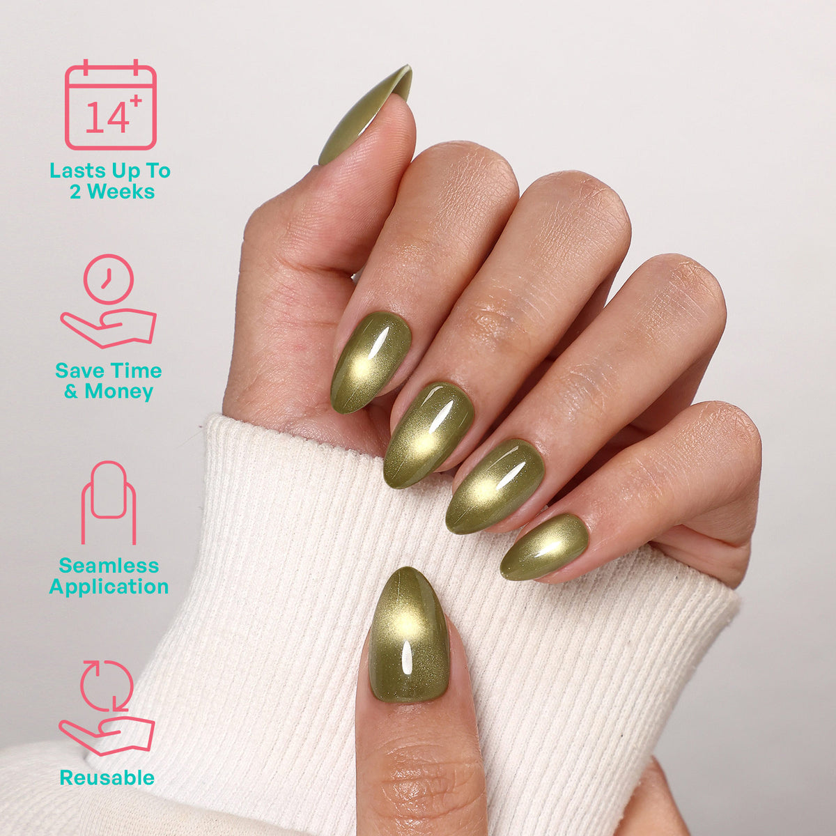 Sage Orbit Green Cat Eye — Short Almond angled hand view | SHANGMENG®