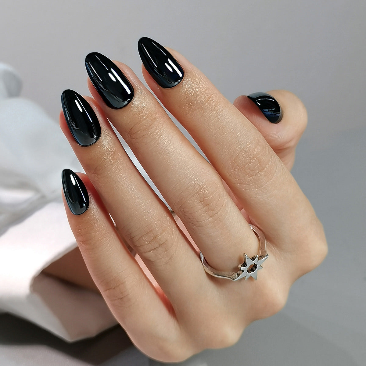 Glazed Chrome Retro Black Almond Nails
