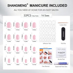 Guía de tallas de uñas press-on ovaladas cortas: 32 uñas en 16 tallas, con láminas adhesivas, lima de uñas, palito para cutículas, toallita con alcohol, pegamento para uñas y manual de uso | SHANGMENG®