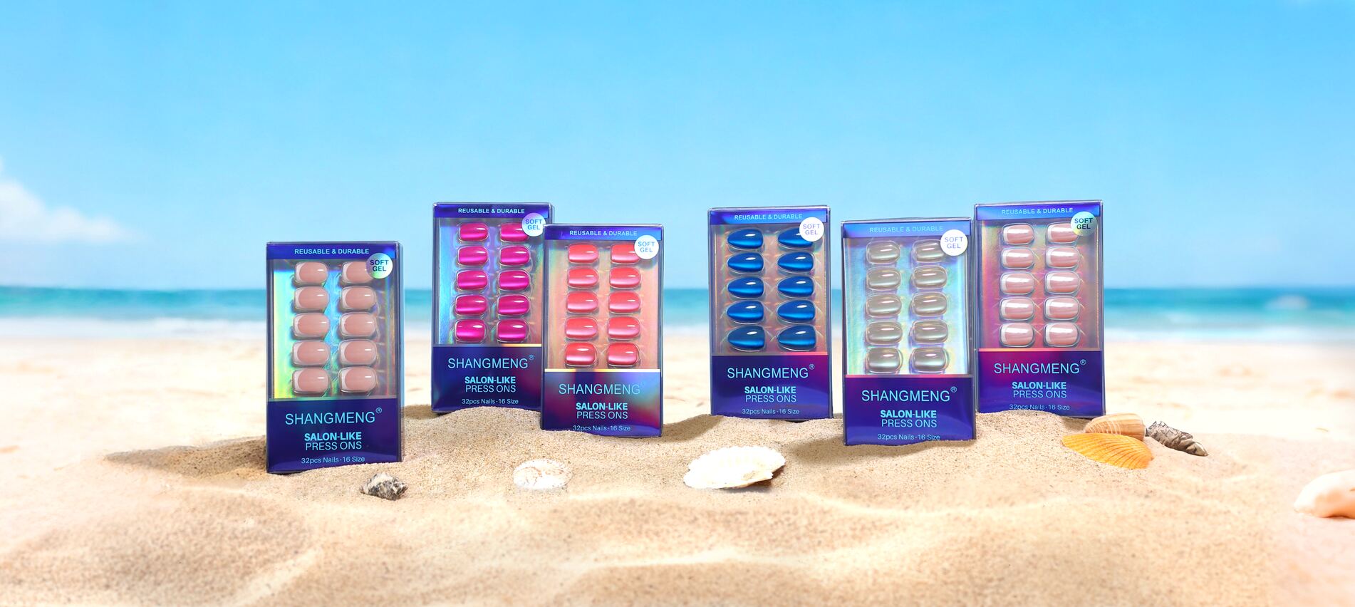 SHANGMENG soft gel press-on nails - six summer sets on a beach