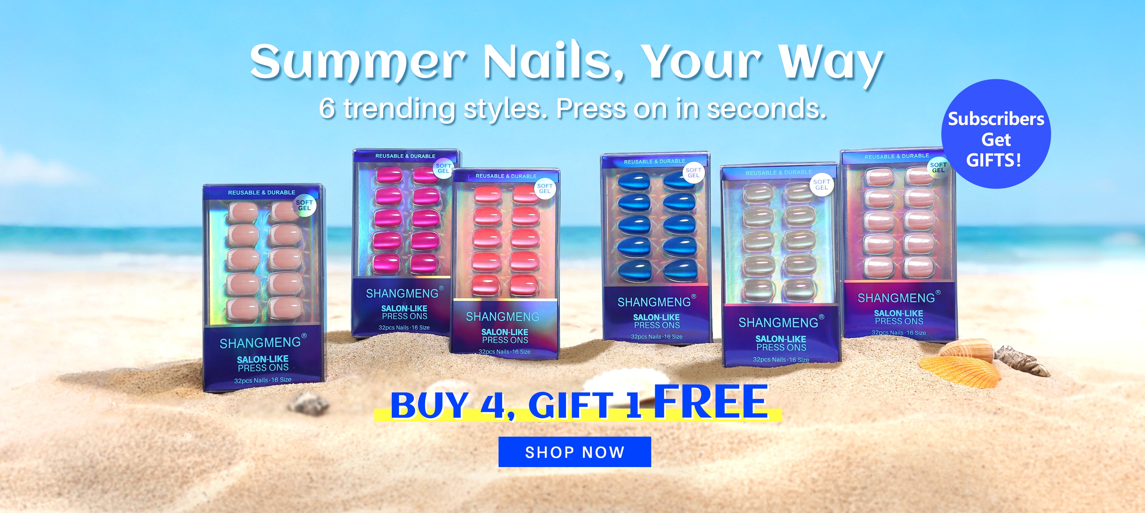 SHANGMENG® summer press-on nails beach collection with 6 trending styles and Buy 4 Gift 1 Free offer