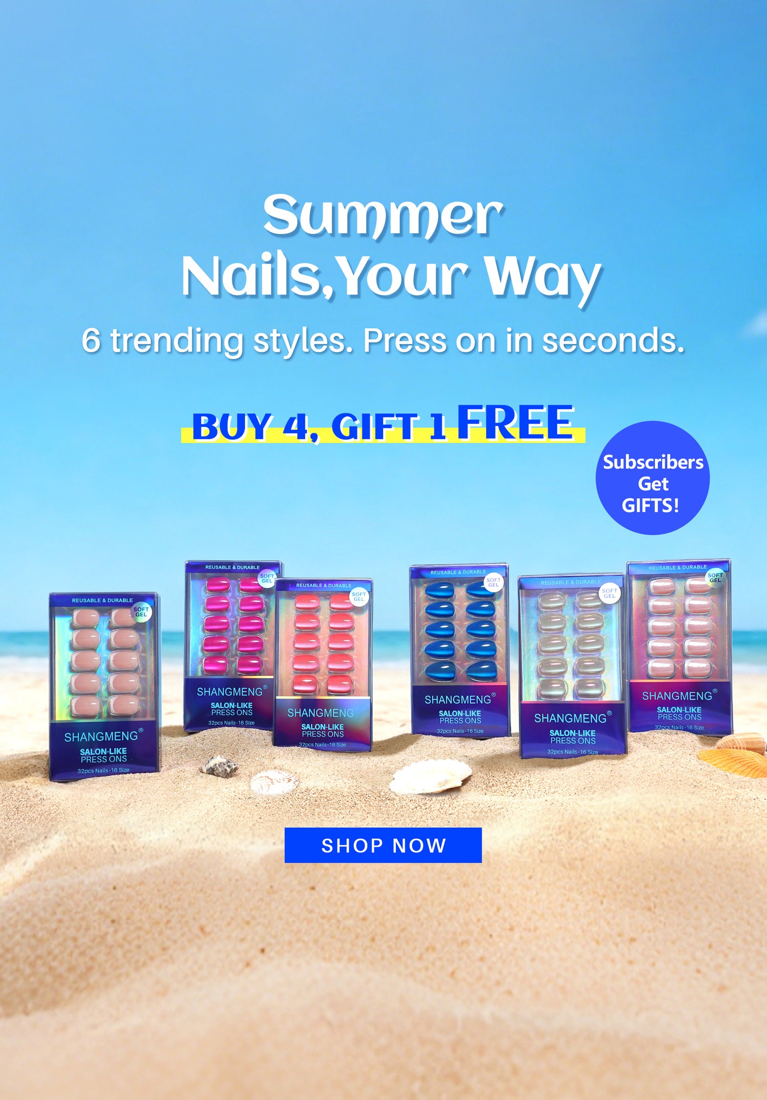 SHANGMENG® summer press-on nails beach collection with 6 trending styles and Buy 4 Gift 1 Free offer