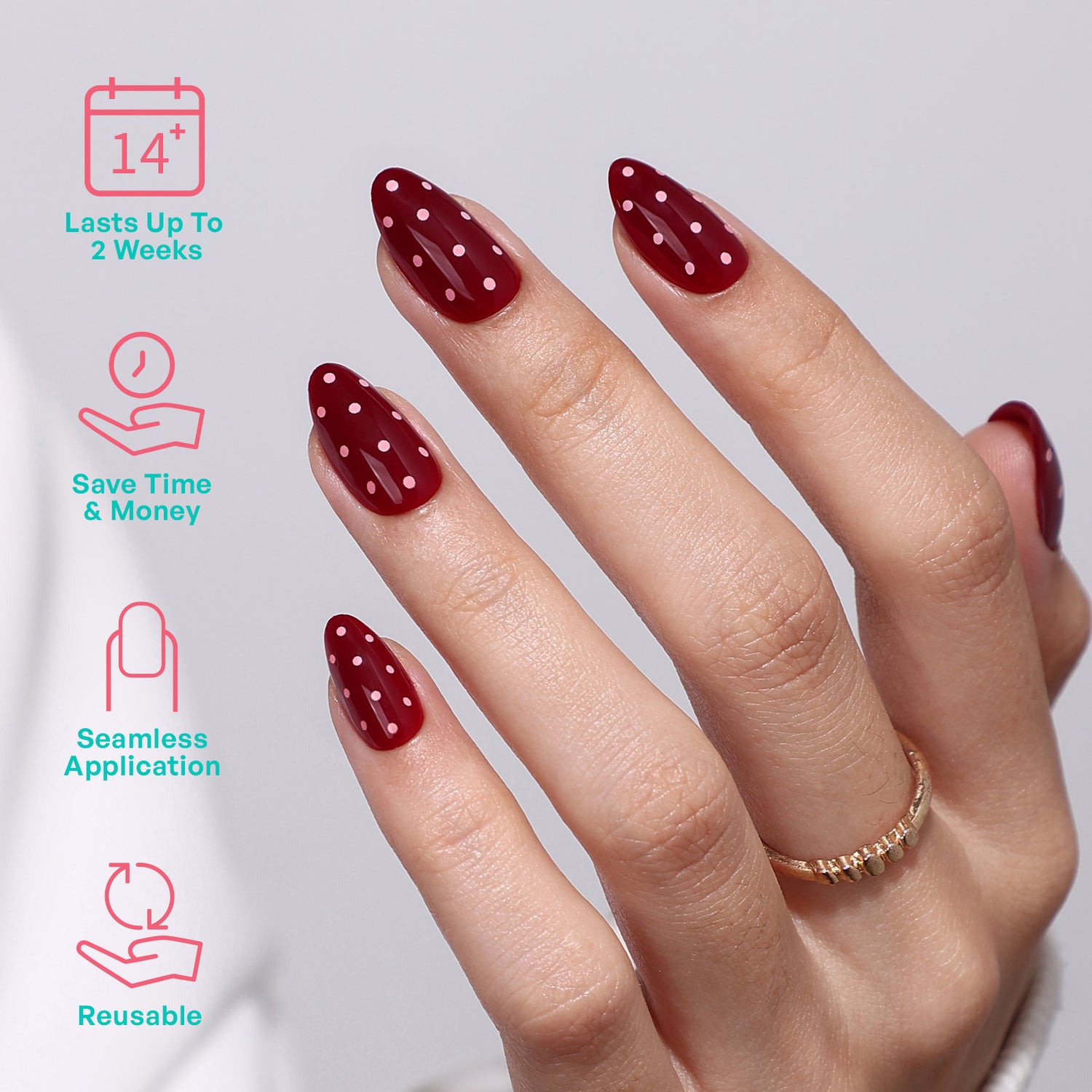 Dark Red Polka Dots Almond Gel Nails