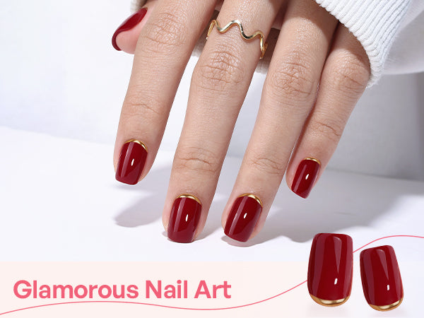Dark Red 3d Gold End Short Square Nails detail image 1