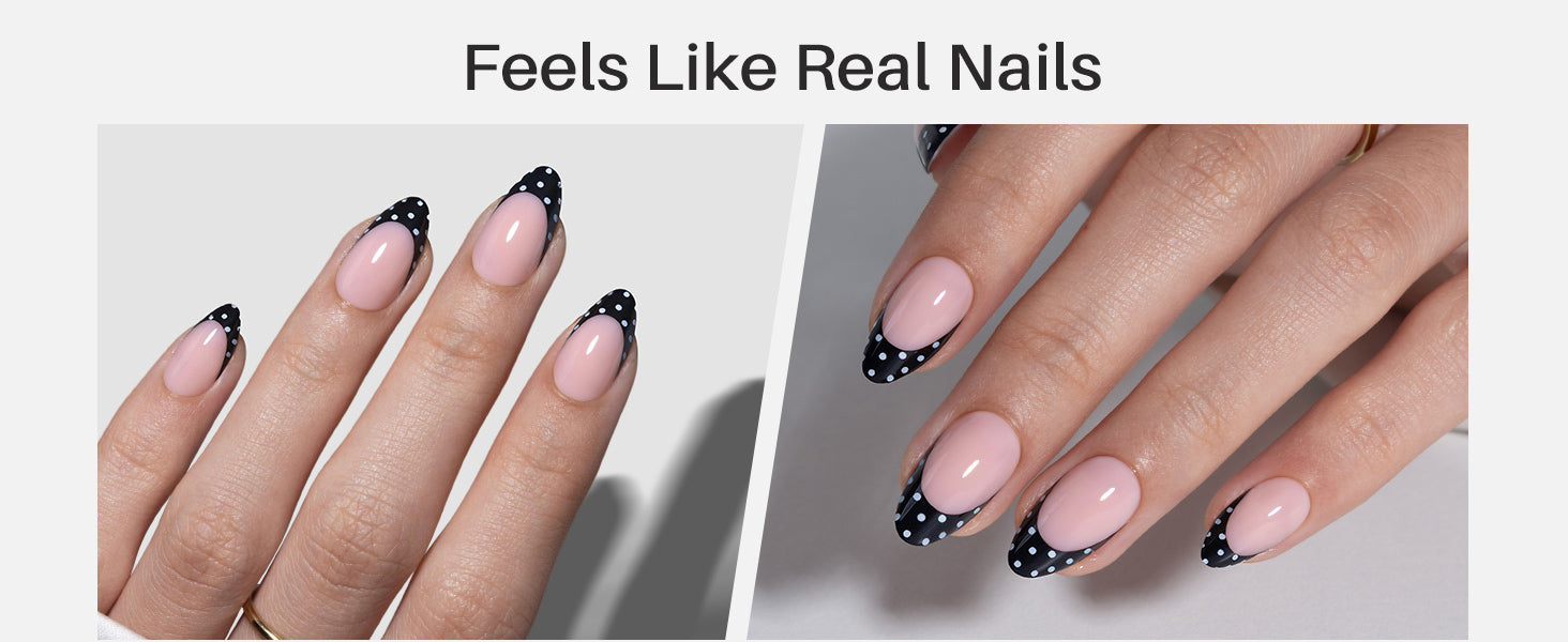 Black Polka Dots French Tips Almond Nails detail image 4