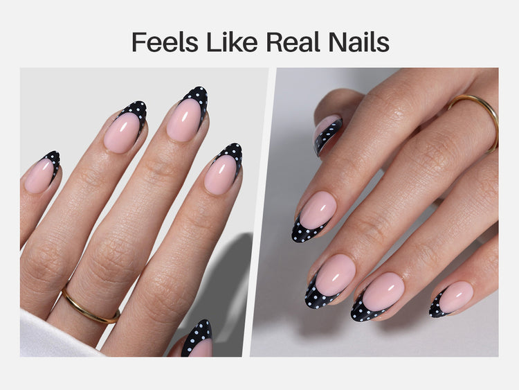 Black Polka Dots French Tips Almond Nails detail image 4