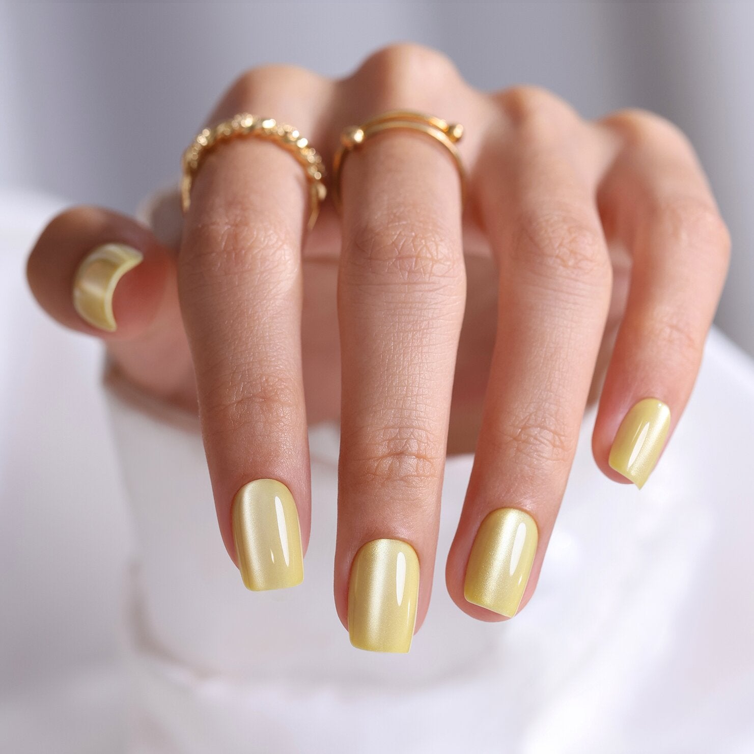 Light Yellow Cat Eye Square Press on Nails