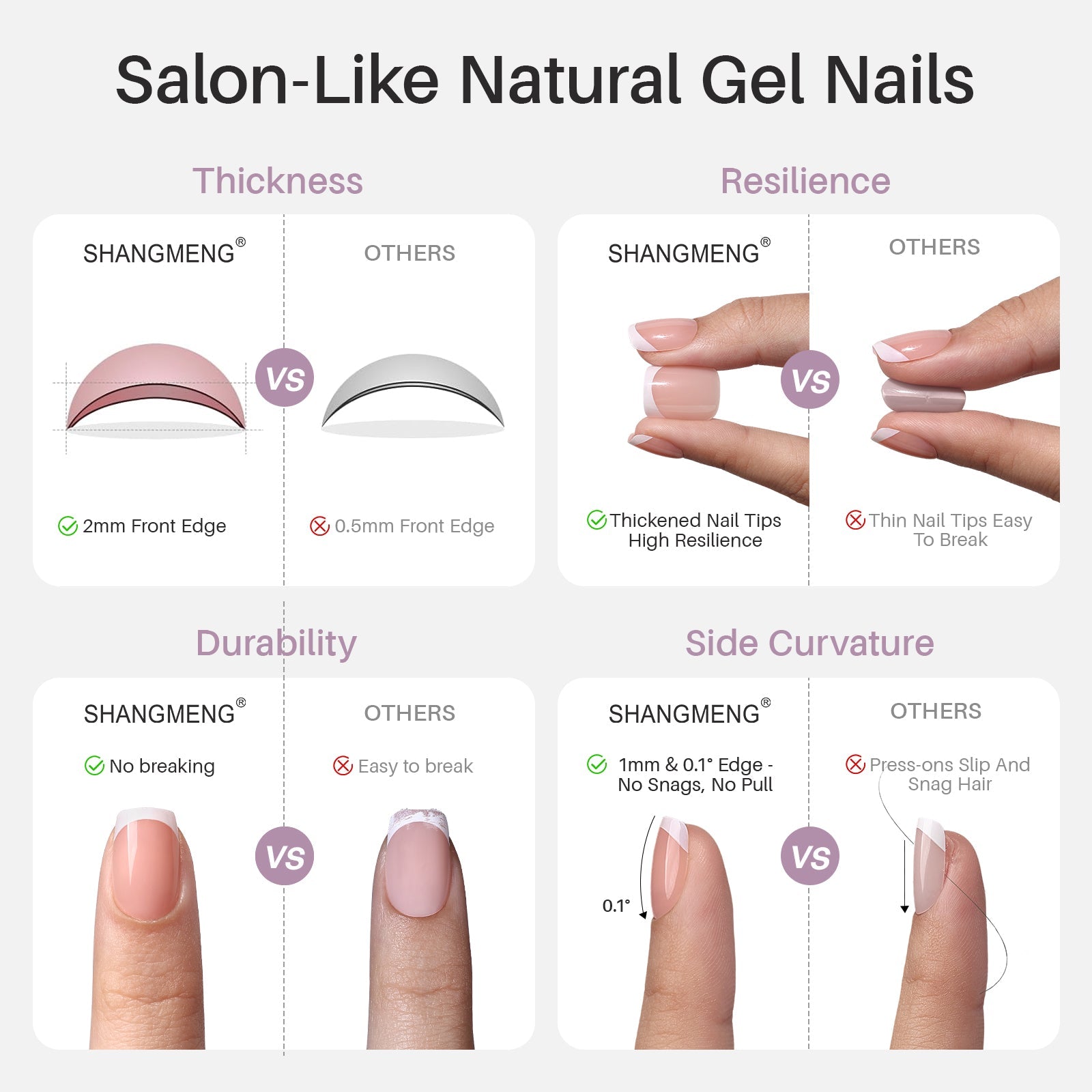 Rose Quartz Crush Reusable Soft Gel Press on Nails vs others thickness resilience durability curvature comparison | SHANGMENG