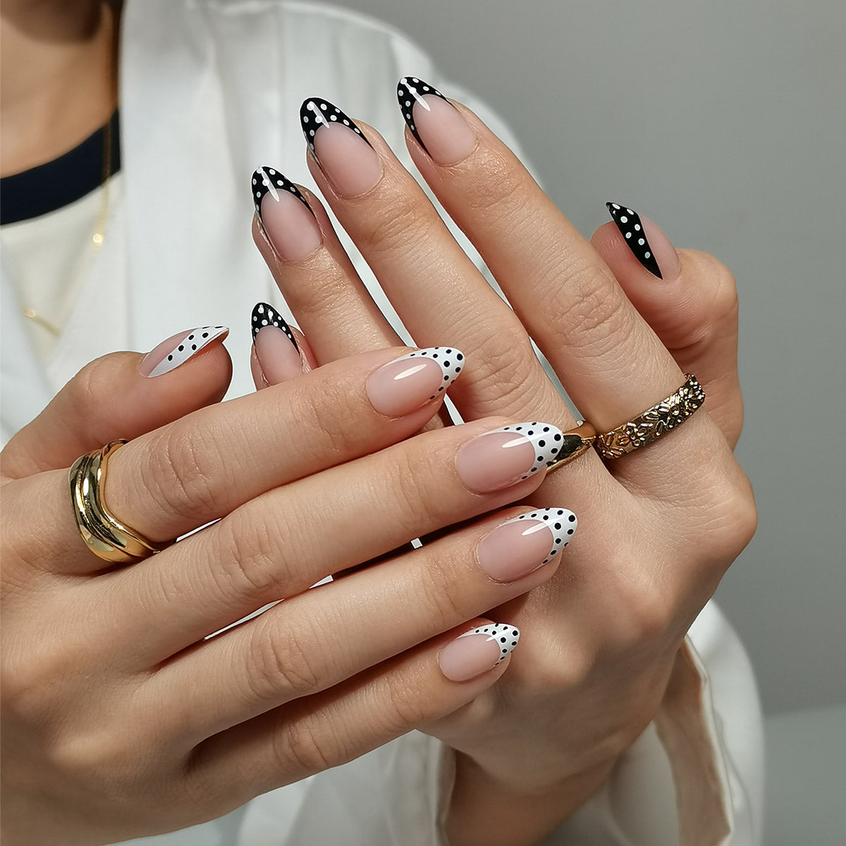 Dot White and Black French Tips Nails