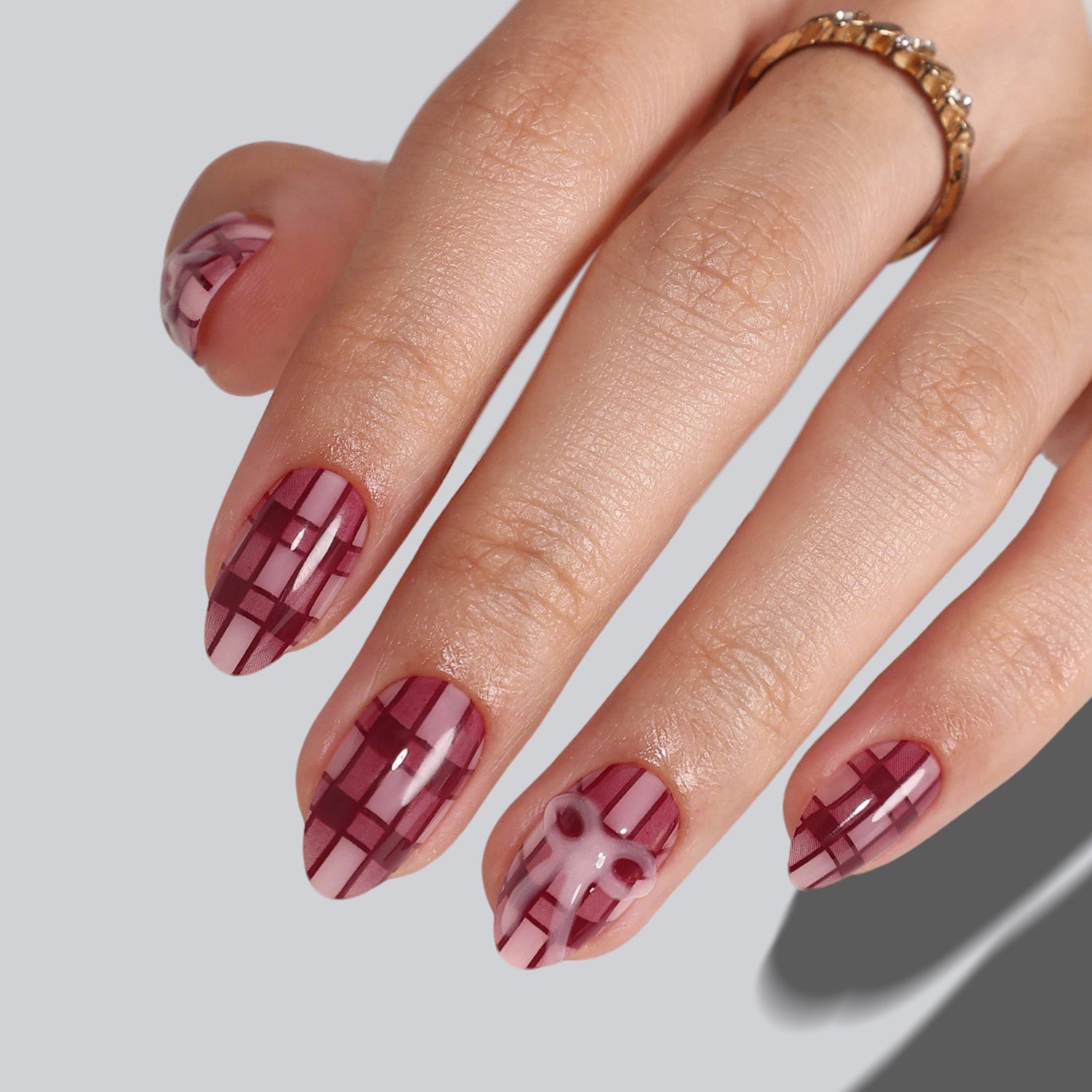 Plaid Bow Deep Red Short Almond Soft Gel Press on Nails product image 3 | SHANGMENG®