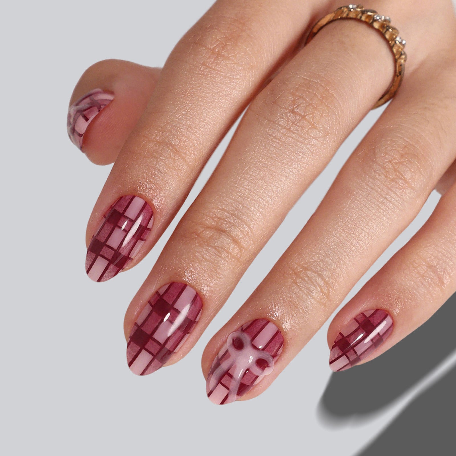 Plaid Bow Deep Red Short Almond Soft Gel Press on Nails product image 3 | SHANGMENG®