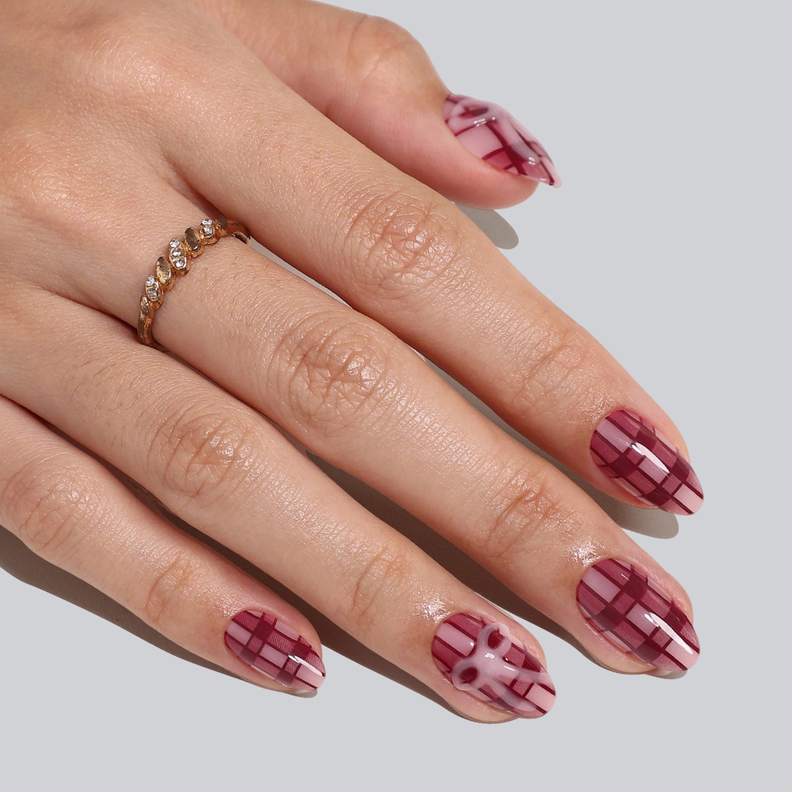 Plaid Bow Deep Red Short Almond Soft Gel Press on Nails product image 4 | SHANGMENG®