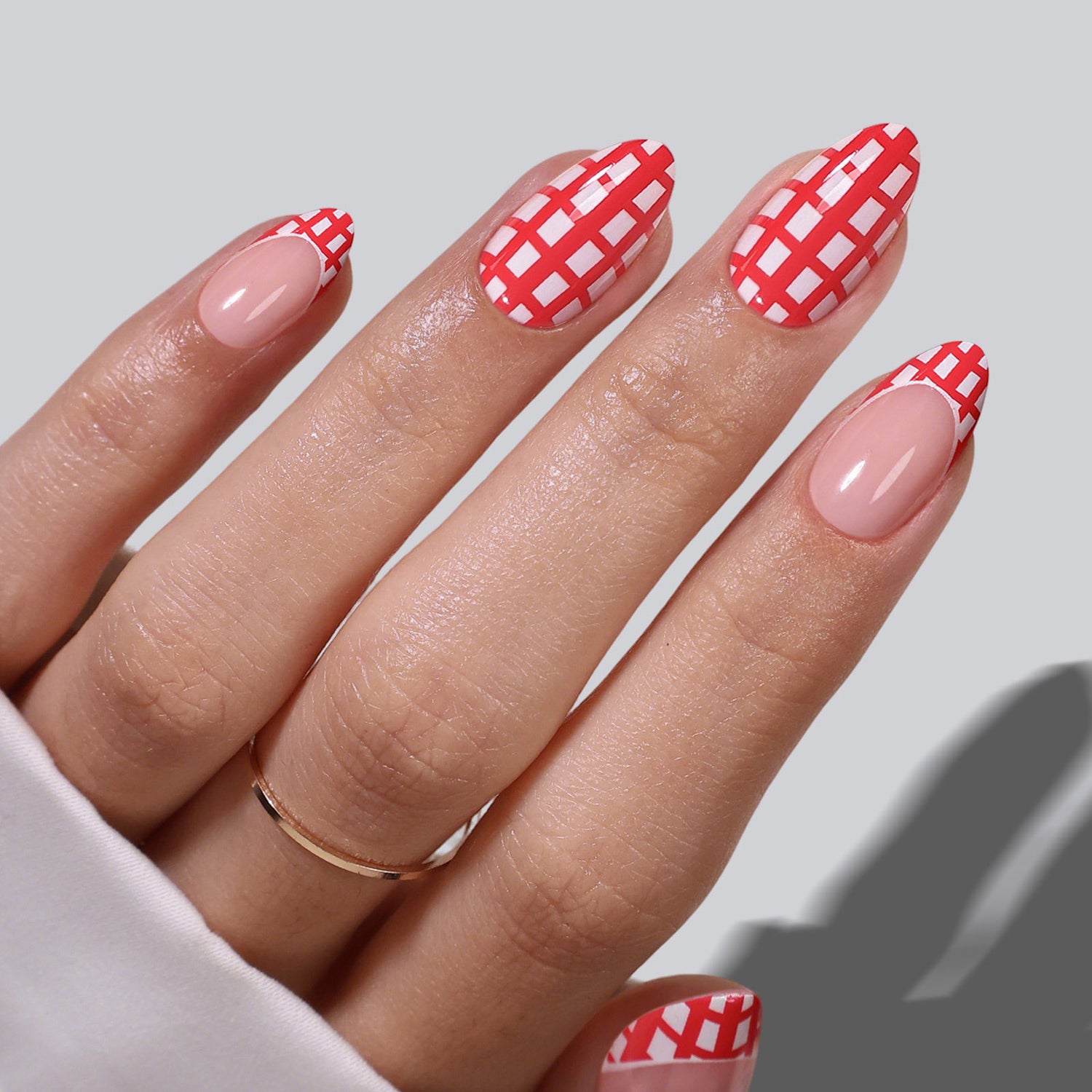 French Tip Plaid Red Short Almond Soft Gel Press on Nails product image 1 |  SHANGMENG®