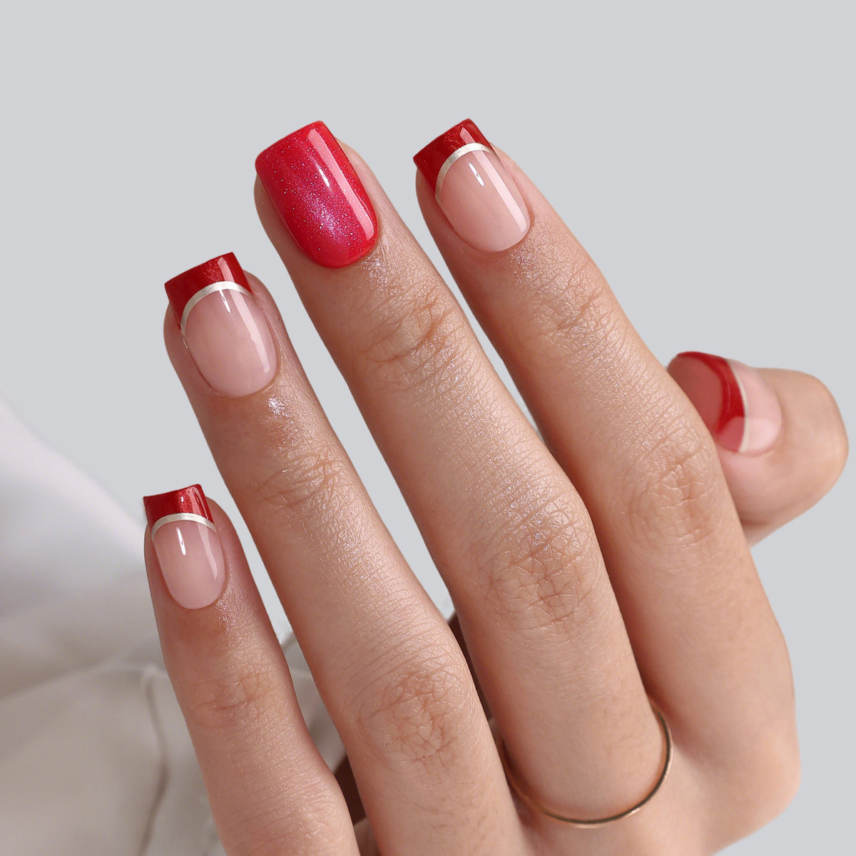 French Tip Cat Eye Gold Short Square Press on Nails product image 3 | SHANGMENG®