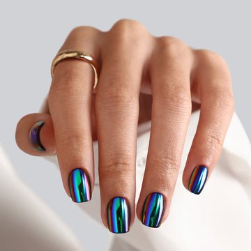 Chrome Purple Green Short Square Soft Gel Press on Nails — Square Chrome Green Purple by SHANGMENG