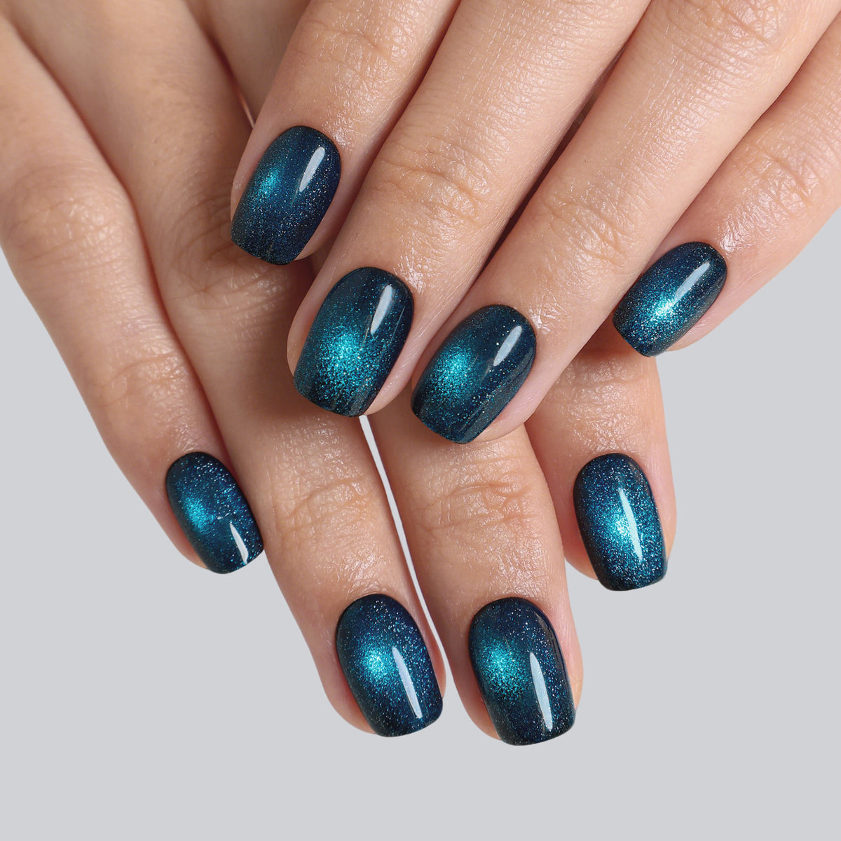 Cat Eye Peacock Blue Short Square Soft Gel Press on Nails product image 5 | SHANGMENG®
