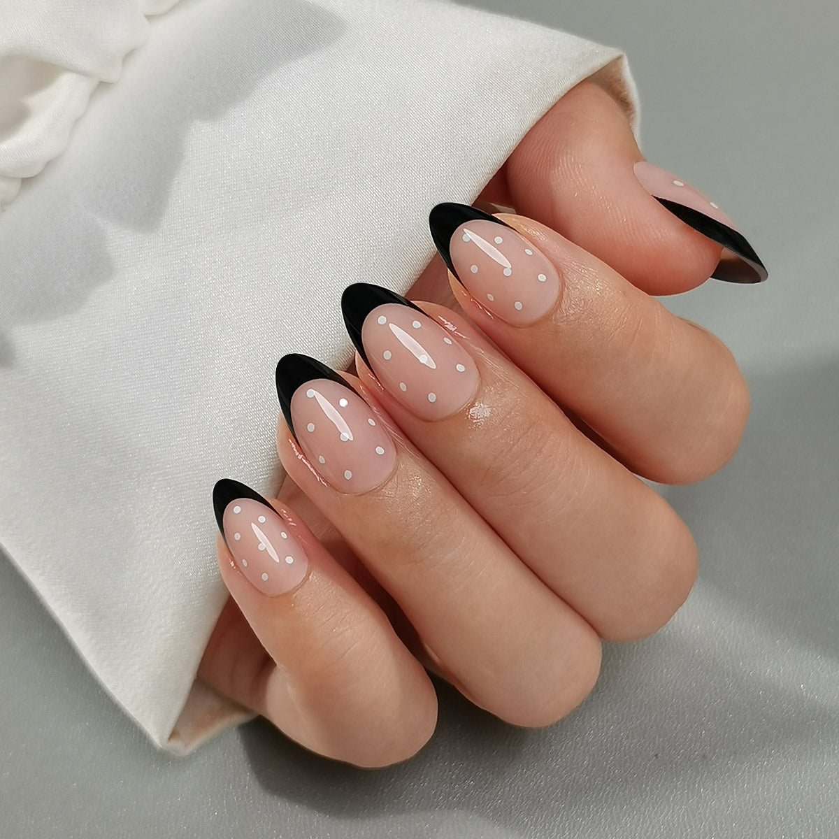 Dot Black French Tips Almond Gel Nails