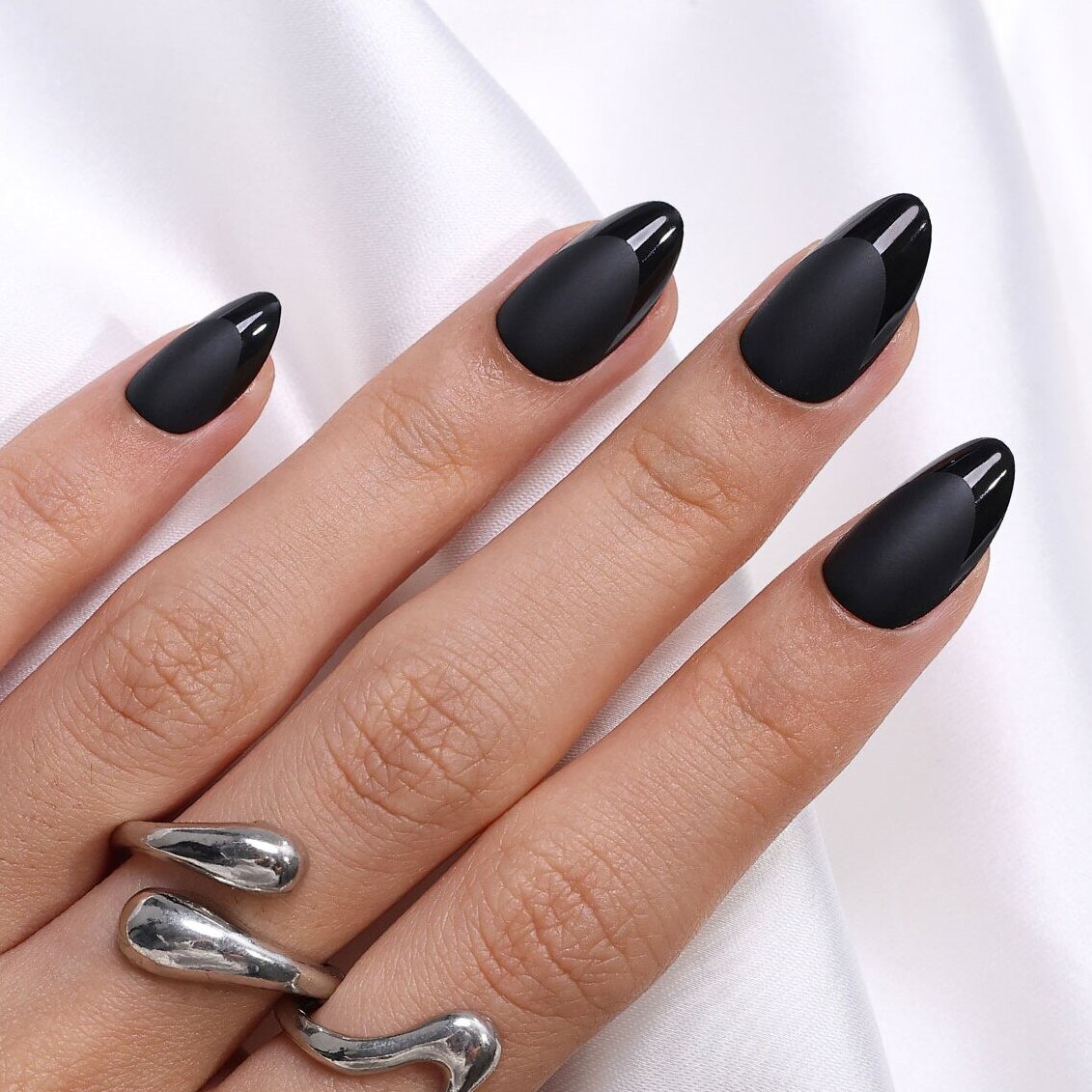 Matte Black French Short Almond Nails
