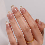 Smile & Shine French Cat Eye Short Almond Press-On Nails finish close-up on hand | SHANGMENG®