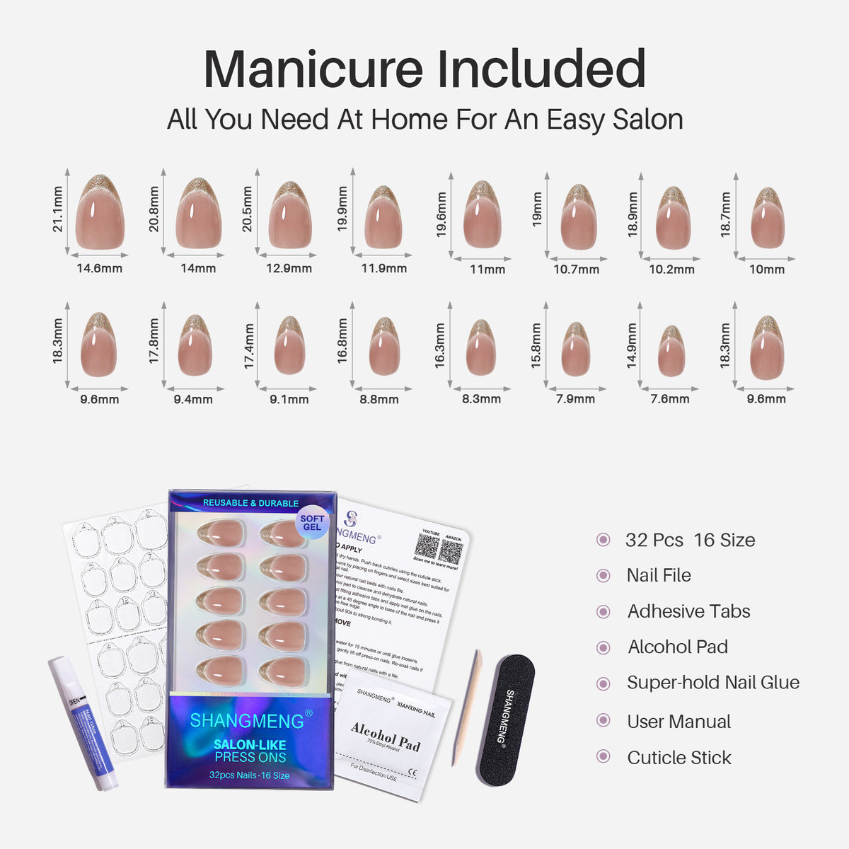 Smile & Shine French Cat Eye Short Almond Press-On Nails 16 size kit contents | SHANGMENG®