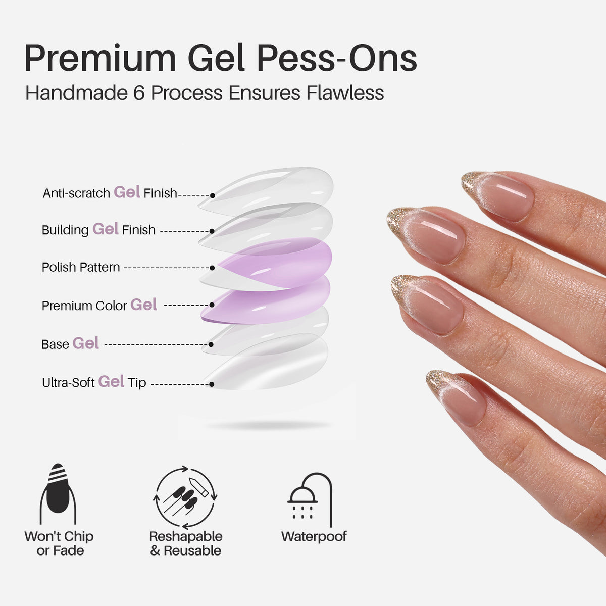 Smile & Shine French Cat Eye Short Almond Press-On Nails UV cure soft gel process | SHANGMENG®