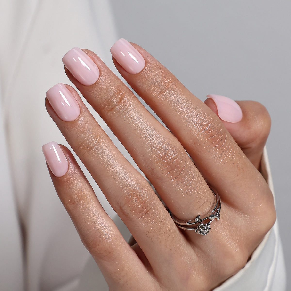 Soap Blush Pink Short Square Soft Gel Press-On Nails angled hand view | SHANGMENG®