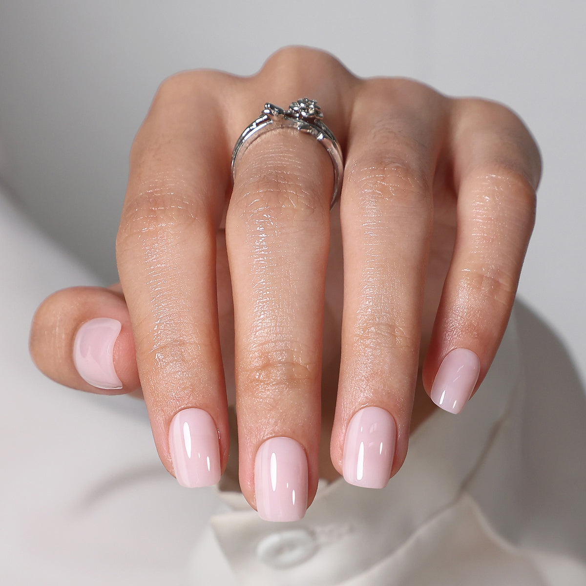 Soap Blush Pink Short Square Soft Gel Press-On Nails finish close-up on hand | SHANGMENG®