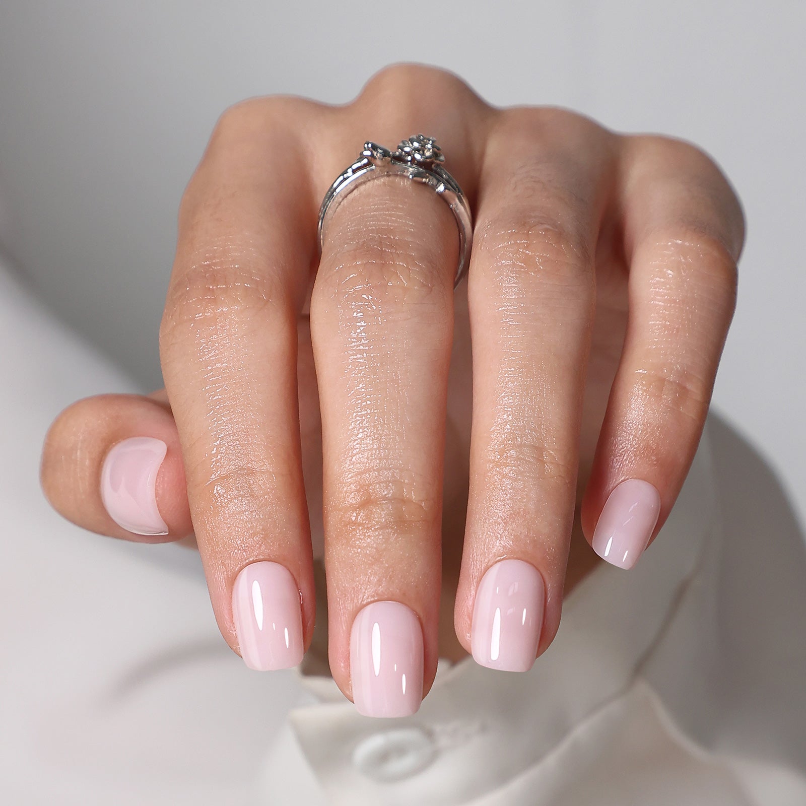 Soap Blush Pink Short Square Soft Gel Press-On Nails finish close-up on hand | SHANGMENG®