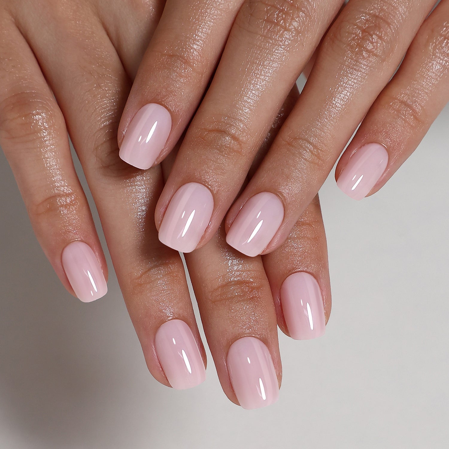 Soap Blush Pink Short Square Soft Gel Press-On Nails main hand model view | SHANGMENG®