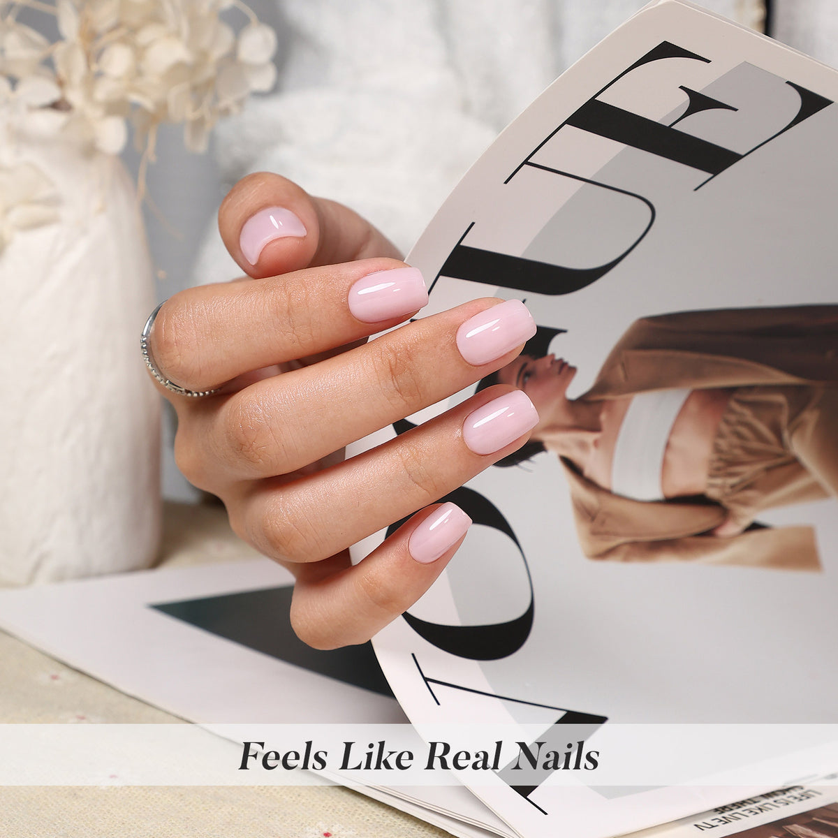 Soap Blush Pink Short Square Soft Gel Press-On Nails real feel hand view | SHANGMENG®