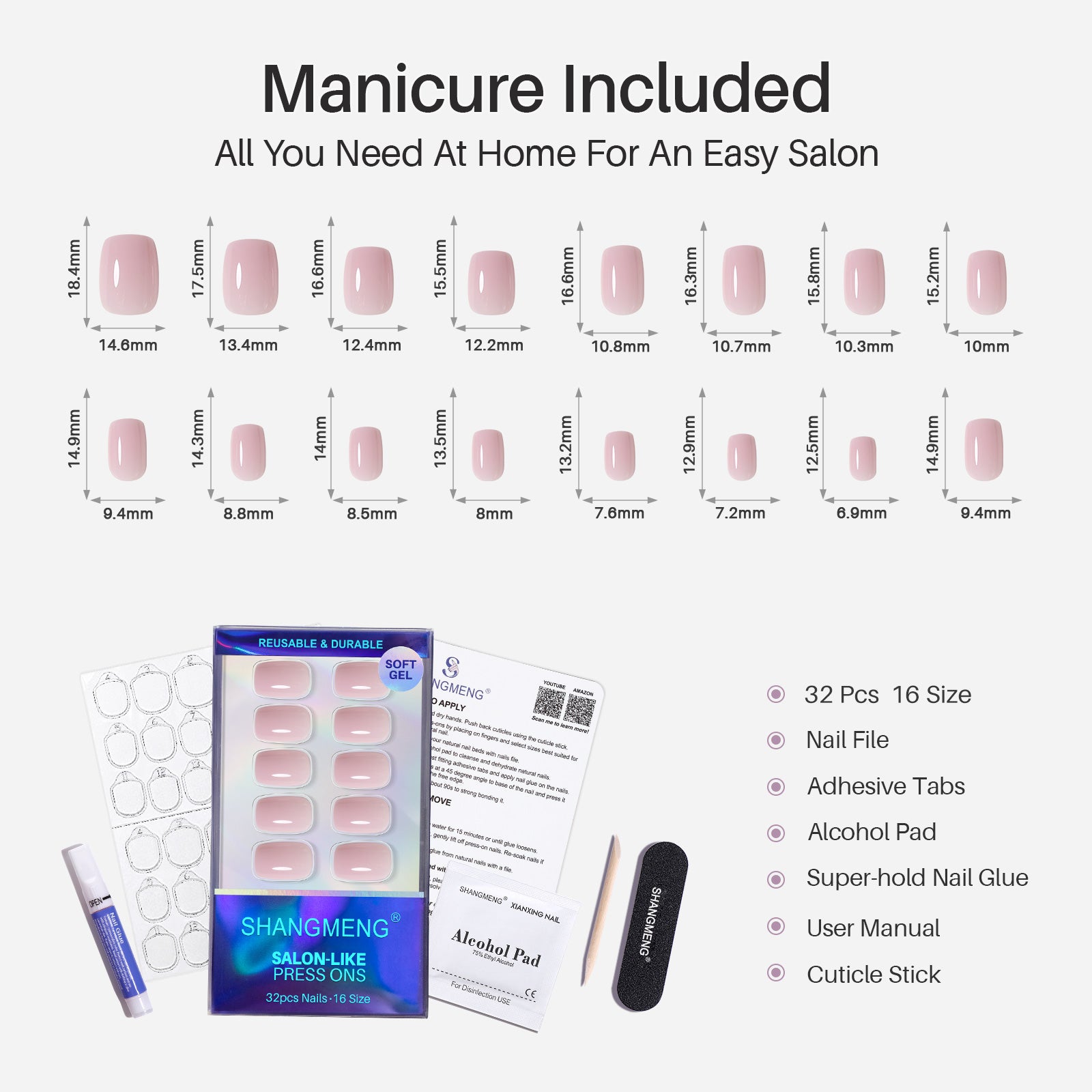 Soap Blush Pink Short Square Soft Gel Press-On Nails 16 size kit contents | SHANGMENG®