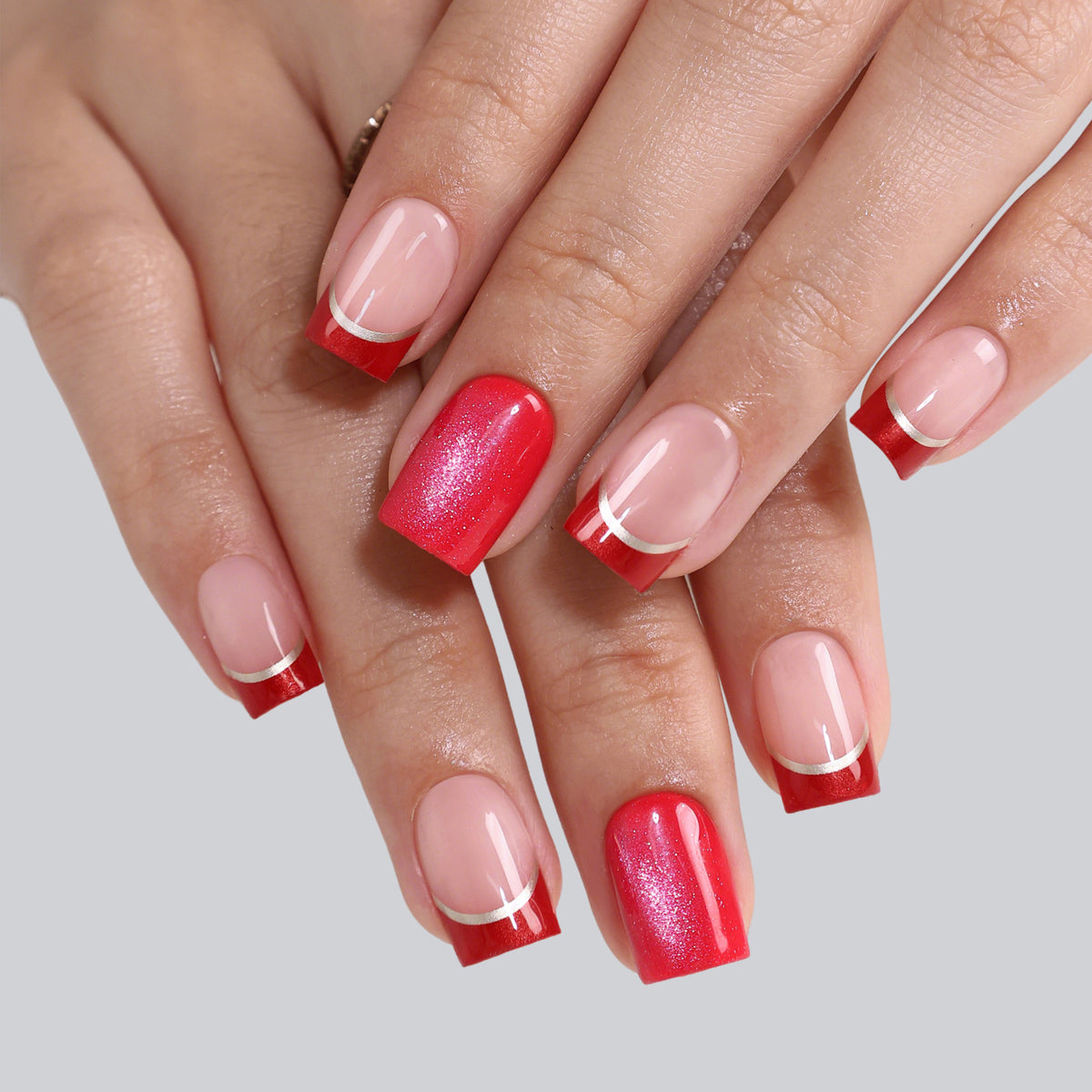 French Tip Cat Eye Gold Short Square Press on Nails product image 2 | SHANGMENG®