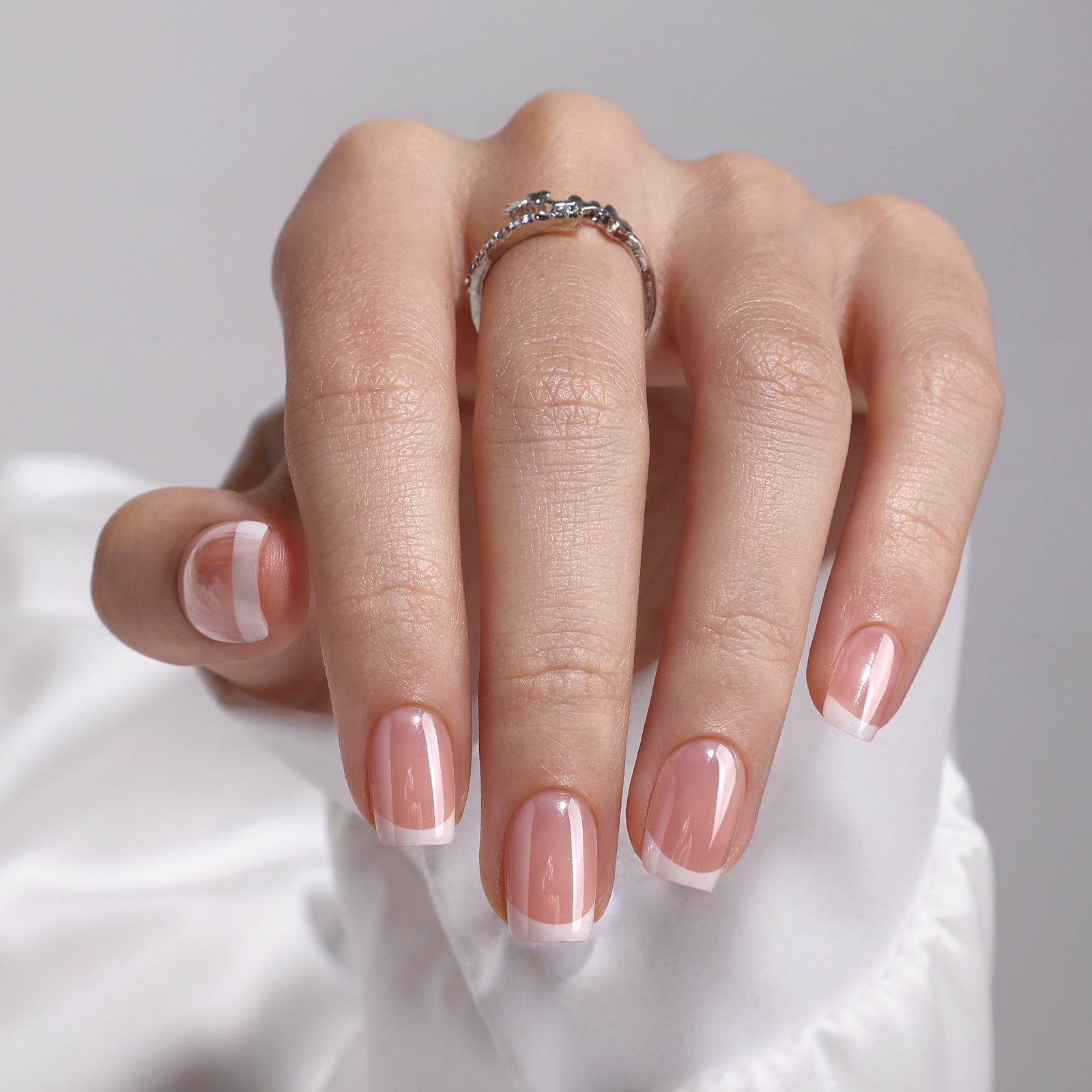 French Tip Chrome White Short Square Press on Nails product image 1 | SHANGMENG®