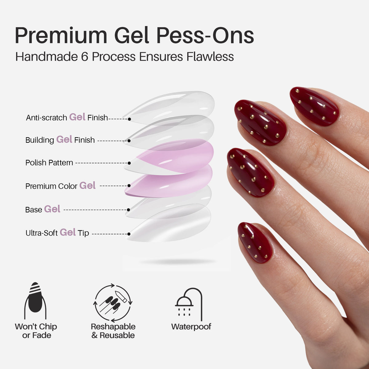Cherry Dark Red and Gold Polka Dots Press on Nails salon quality value comparison | SHANGMENG®