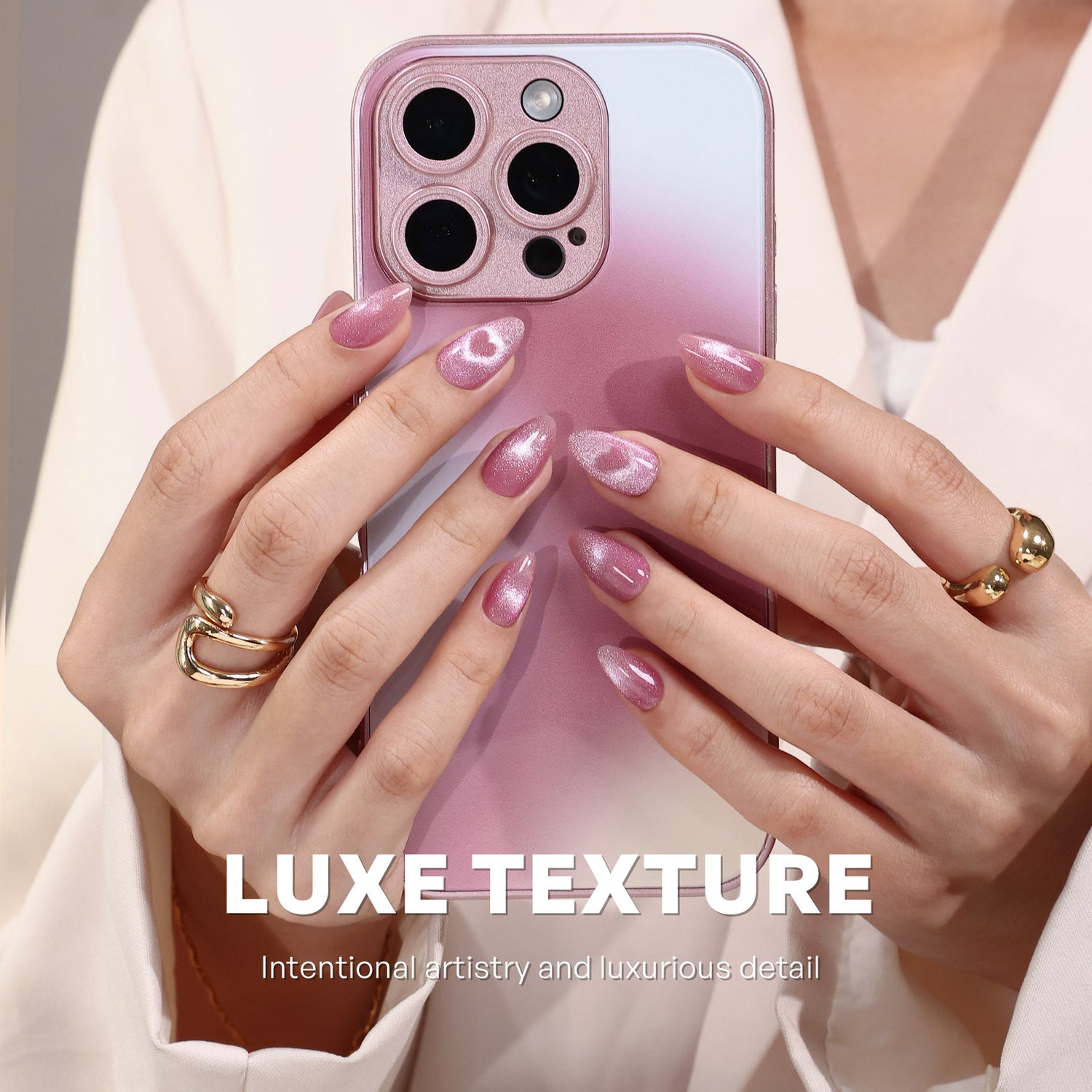 Pink Velvet Cat Eye Heart Valentines Nails