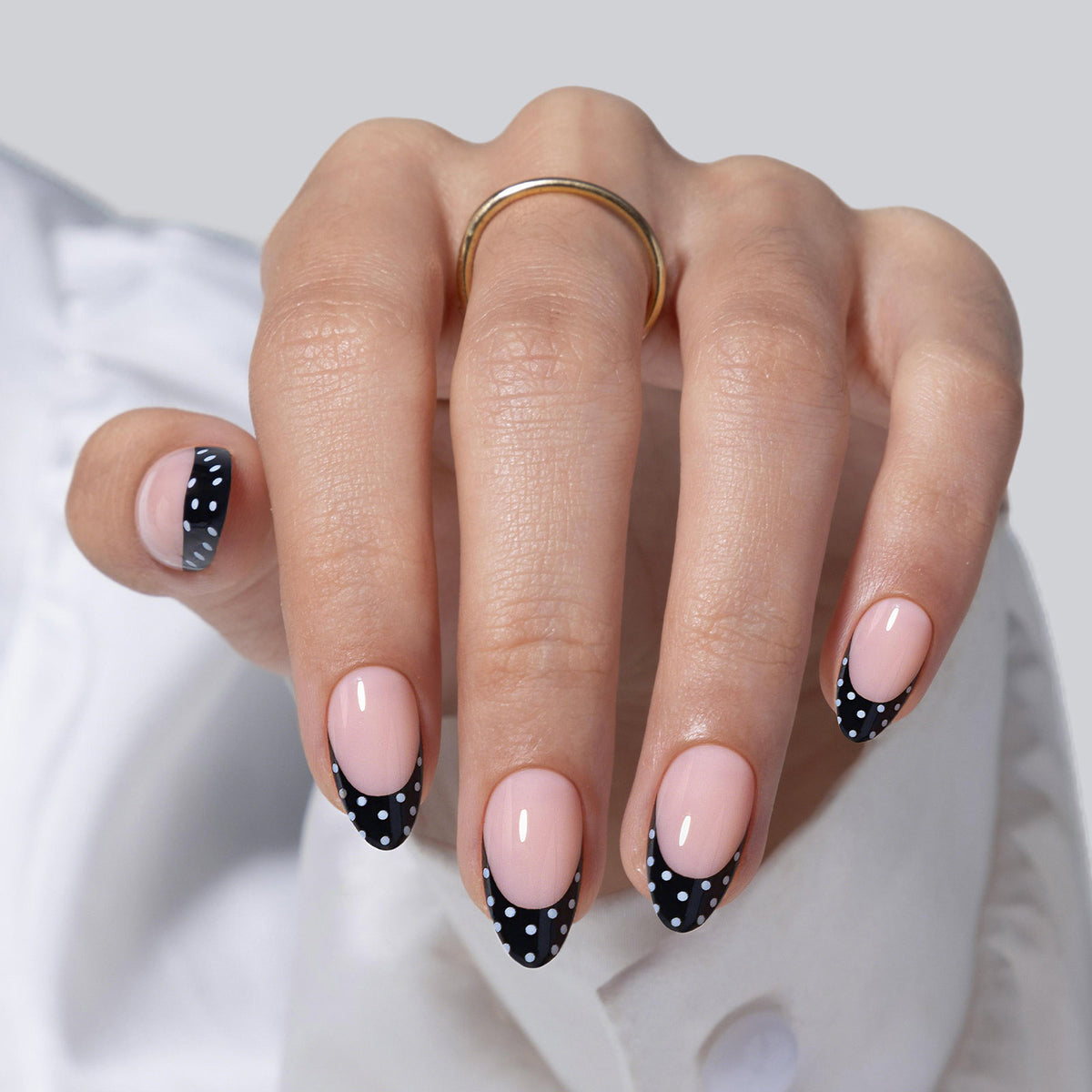 Black Polka Dots French Tips Almond Nails product photo | SHANGMENG®