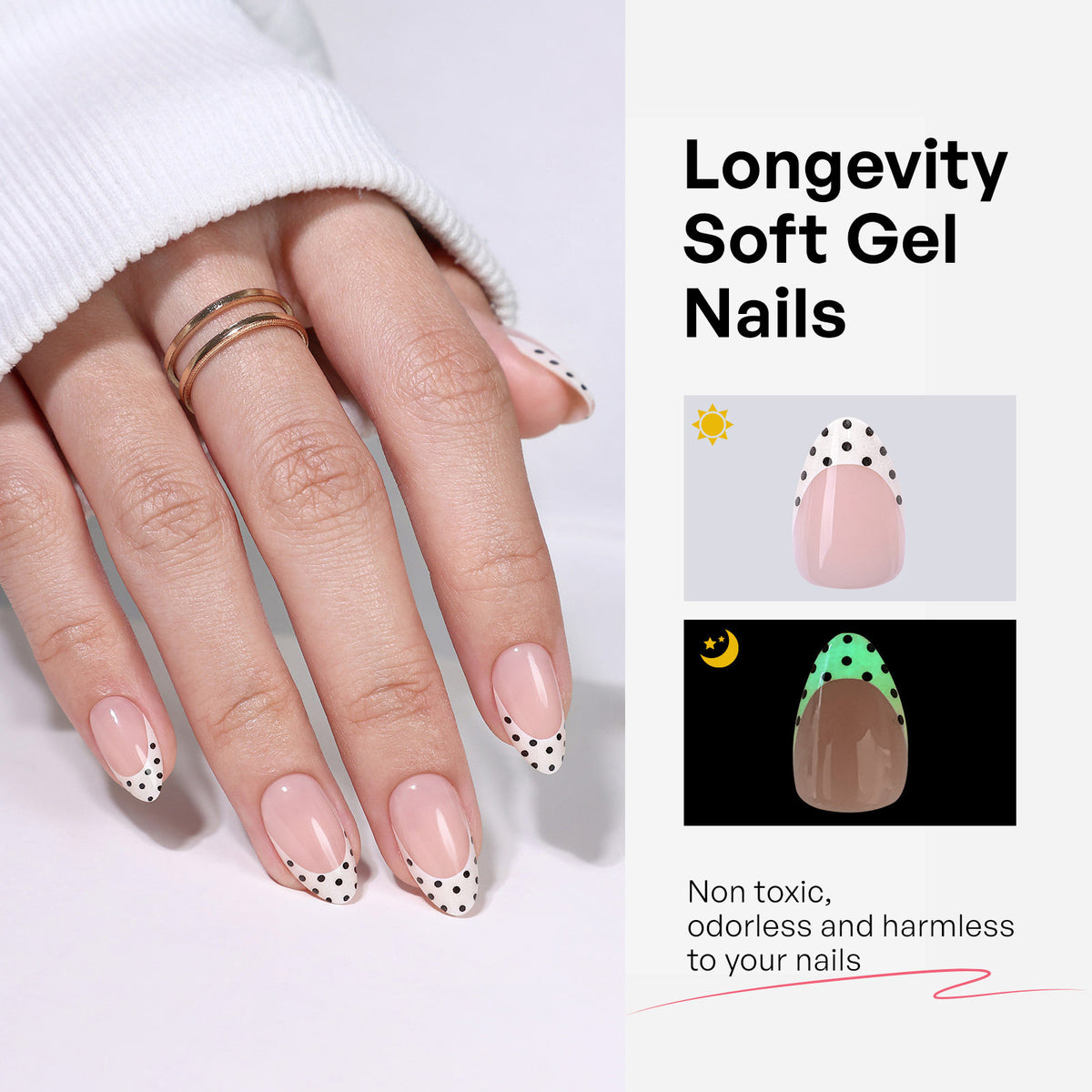 Glow French Tip Polka Dot Medium Almond Press on Nails product image 4 | SHANGMENG®