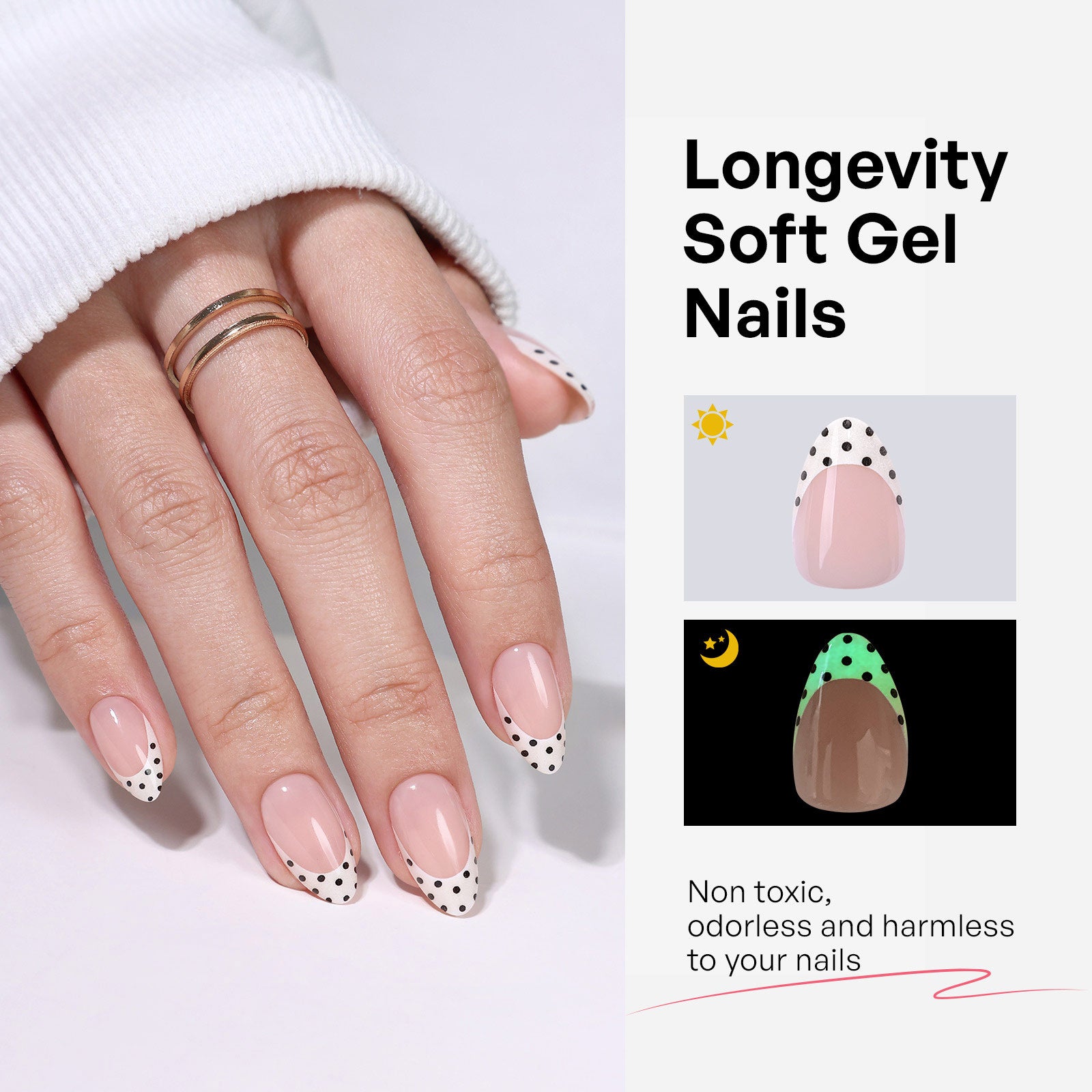 Glow French Tip Polka Dot Medium Almond Press on Nails product image 4 | SHANGMENG®