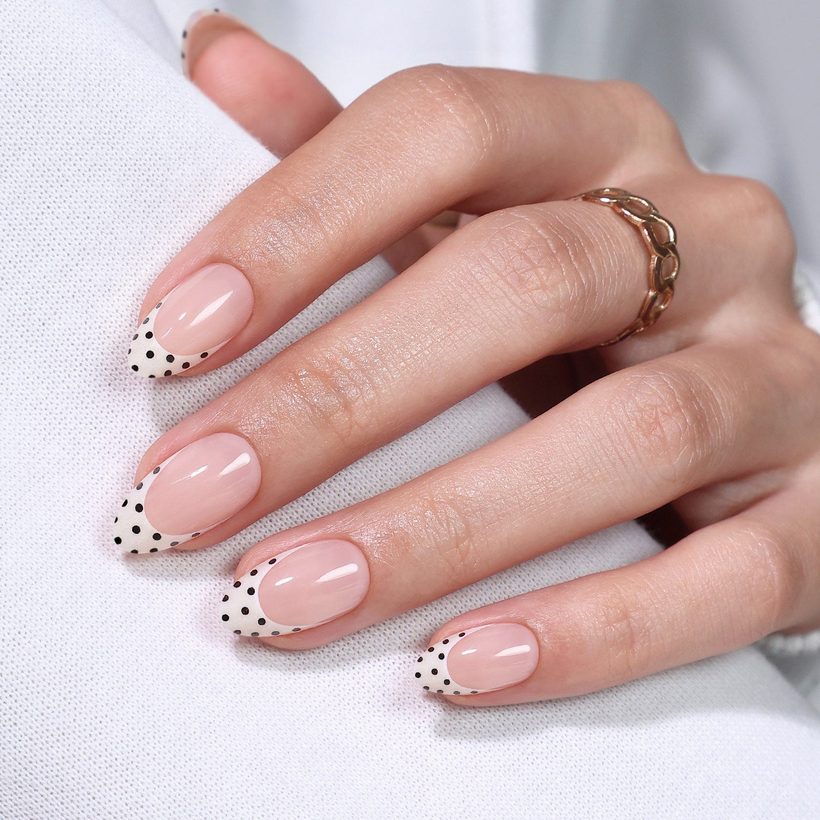 Glow French Tip Polka Dot Medium Almond Press on Nails product image 5 | SHANGMENG®