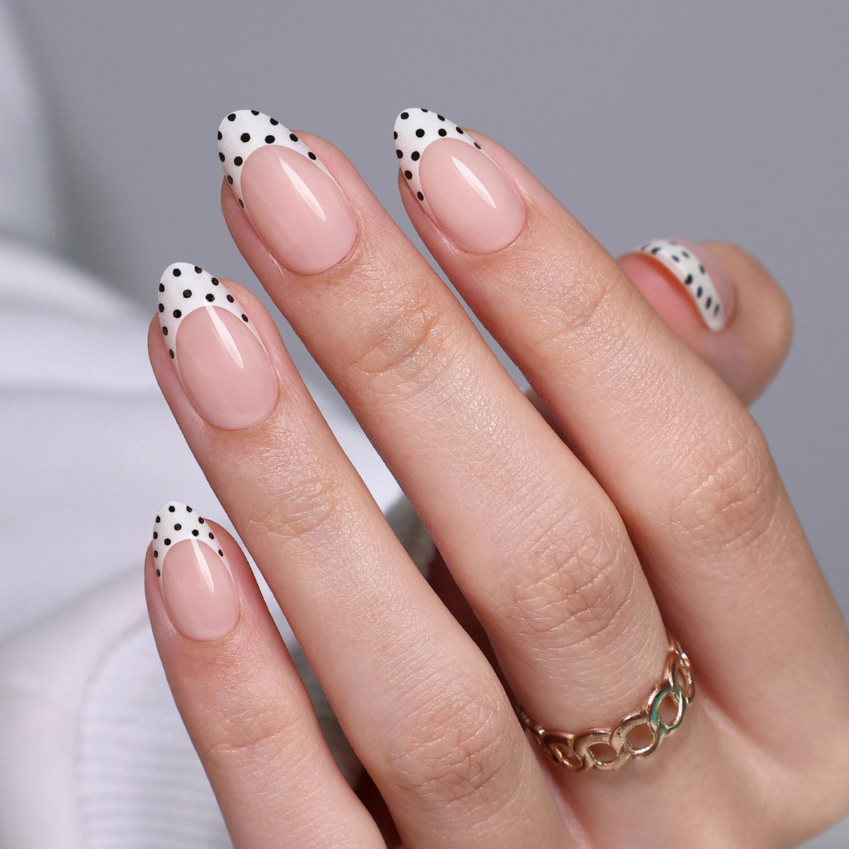 Glow French Tip Polka Dot Medium Almond Press on Nails product image 1 | SHANGMENG®