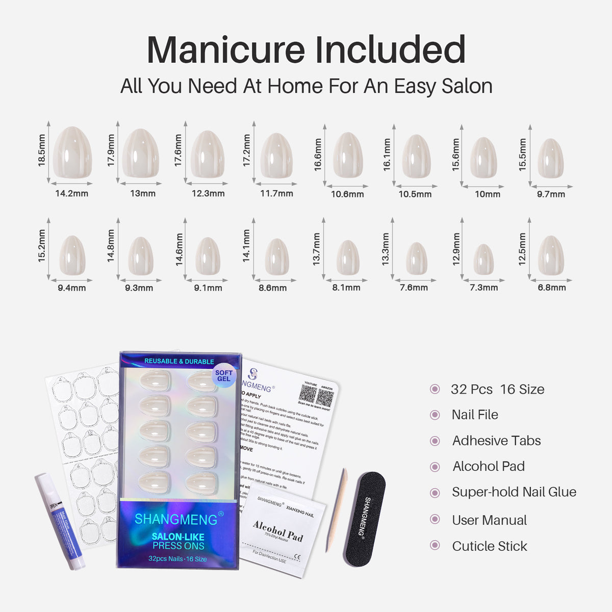 White Mirror Chrome Extra Short Almond Press-On Nails 16 size options mm chart and manicure kit | SHANGMENG®