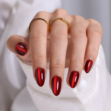 Ruby Love Cat Eye Wine Red Short Almond Press on Nails — Almond Cat Eye Red by SHANGMENG