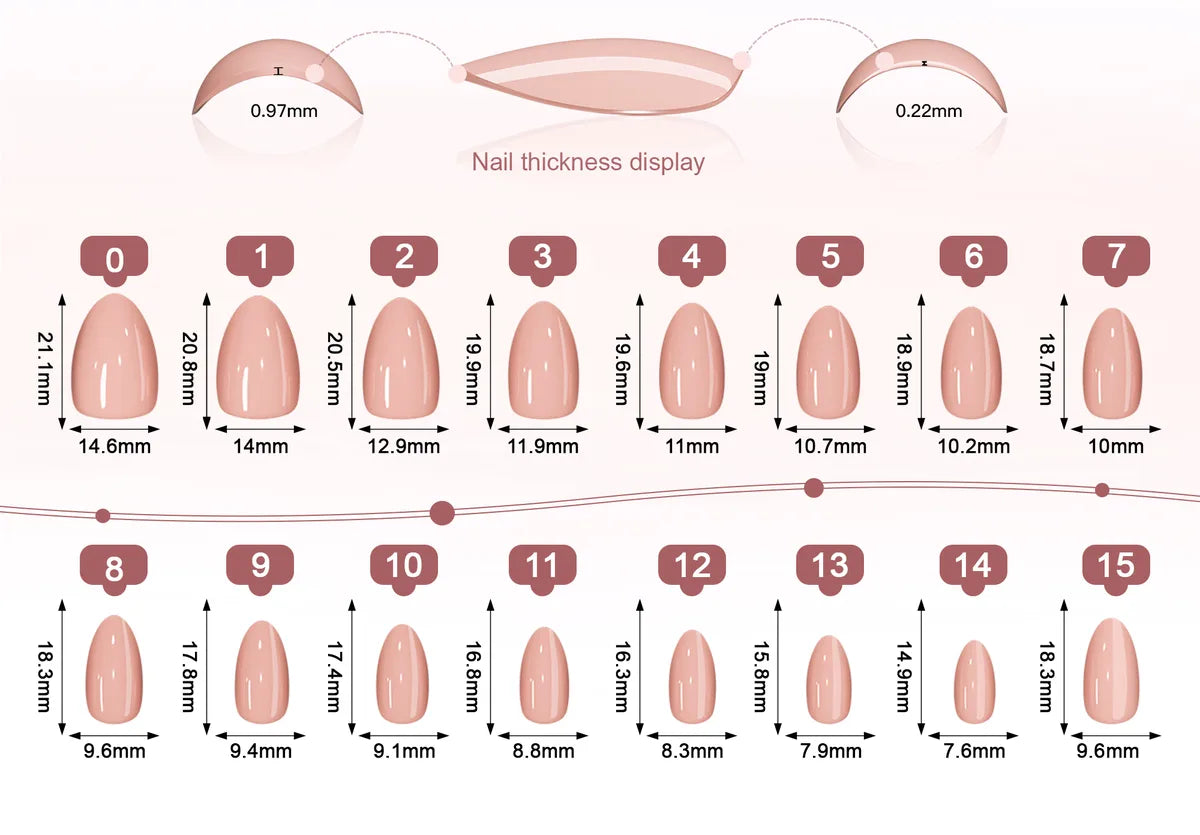 Size reference for Almond · Short nails — tip width and length in millimetres, every size in this set.