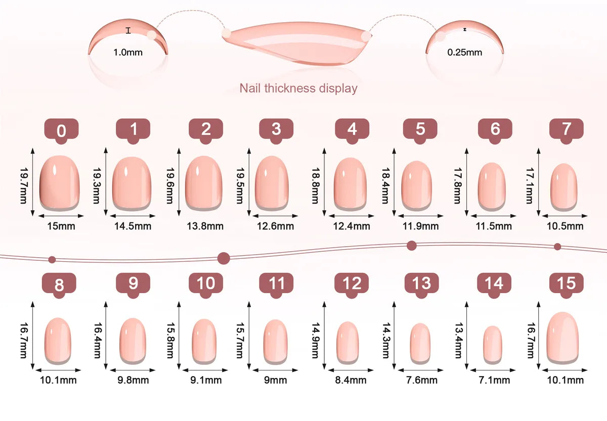 Référence de tailles pour ongles Ovale · Court : largeur et longueur de chaque tip en millimètres, toutes les tailles du set.