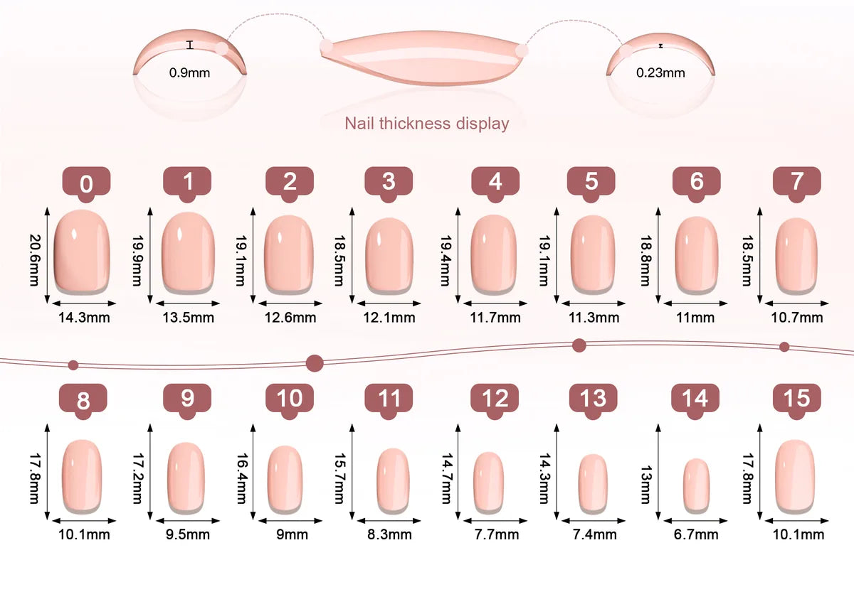 Référence de tailles pour ongles Rond · Moyen : largeur et longueur de chaque tip en millimètres, toutes les tailles du set.